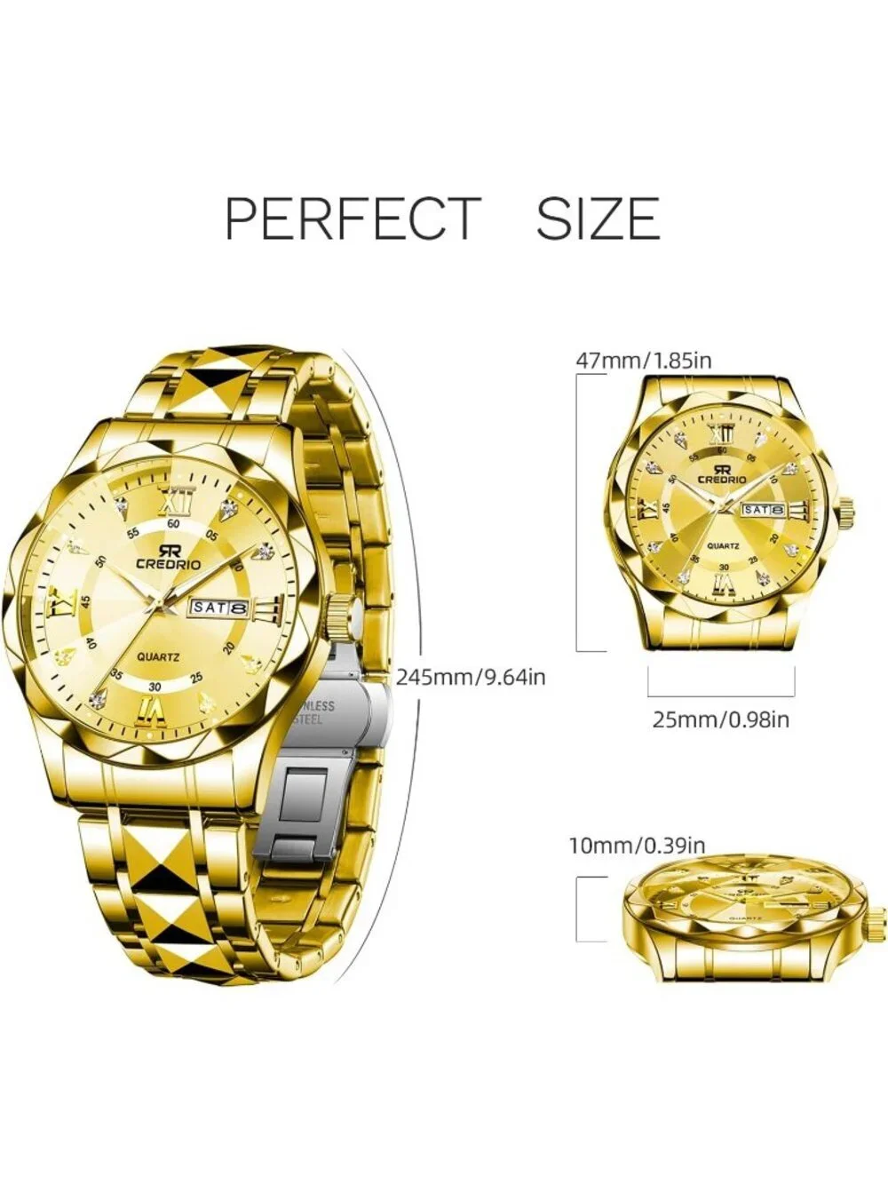 Mens Gold Stainless Steel Waterproof Diamond Analog Quartz Luminous Wrist Watch